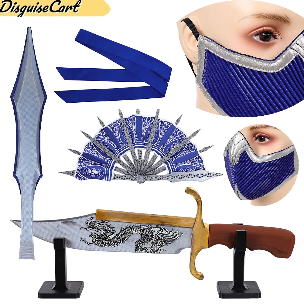 Accesorios de Disfraz de Halloween y Carnaval: Abanicos Plegables, Máscara y Espada de Kitana Kano Mileena de Mortal Kombat