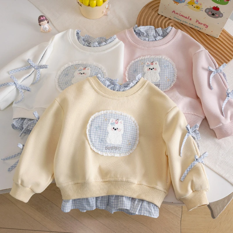 

2025 Autumn New Children's Cute Sweet Cartoon Bow Splicing Grid Bottom Round Neck Hoodie