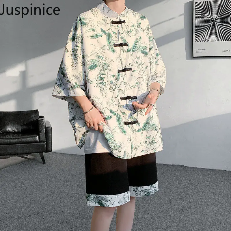 

Summer Ice Silk Printed Shirt Shorts Suit Men's New Chinese Style Loose Casual High Street Personality Tops Five-quarter Pants