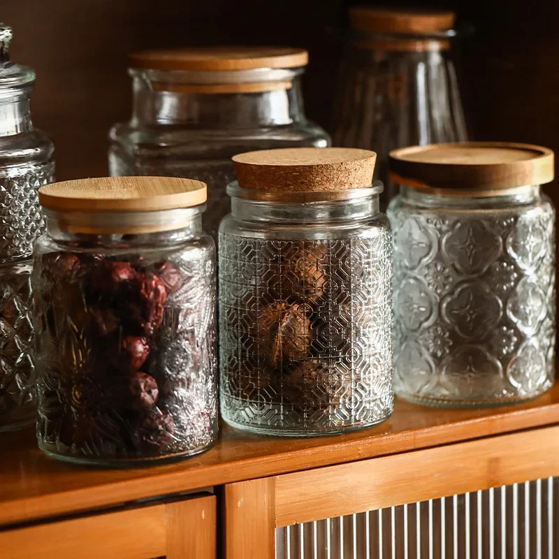 Glass Jars Retro Styles Glass Seal Jars Bamboo Lids Food Candy Tea Storage Containers Honey Pot Nordic Relief Spice Jar Bottles