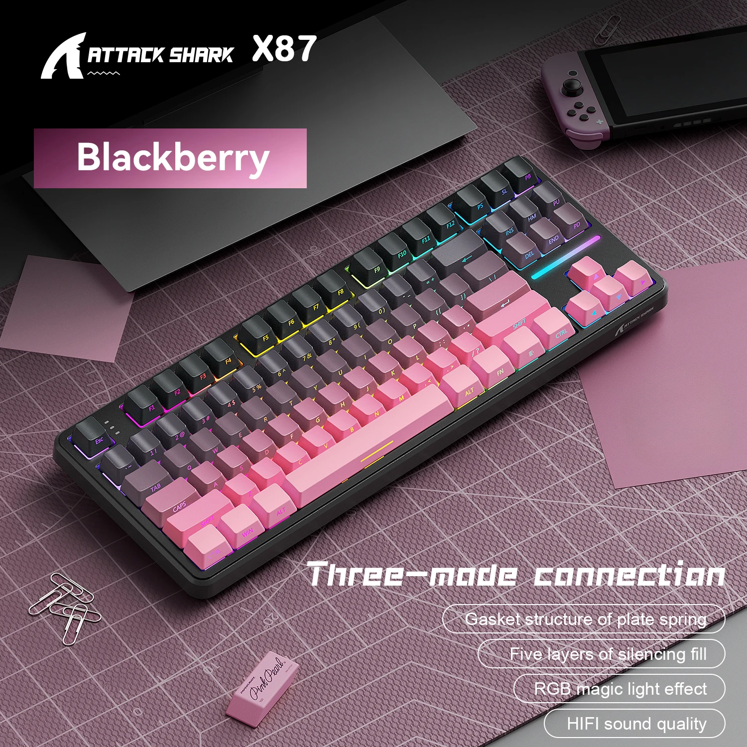 

Attack Shark X87 Custom Wireless Mechanical Gaming Keyboard, RGB Backlit, Hot-Swap, 3-Mode Connectivity, Gasket, Large Battery