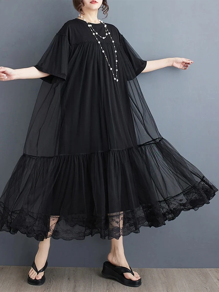 Vestidos Robe Elbise Loose Plus Size Mesh Patchwork Short Sleeve Long Dress NYFS 2026 Summer New Korea Woman Dress