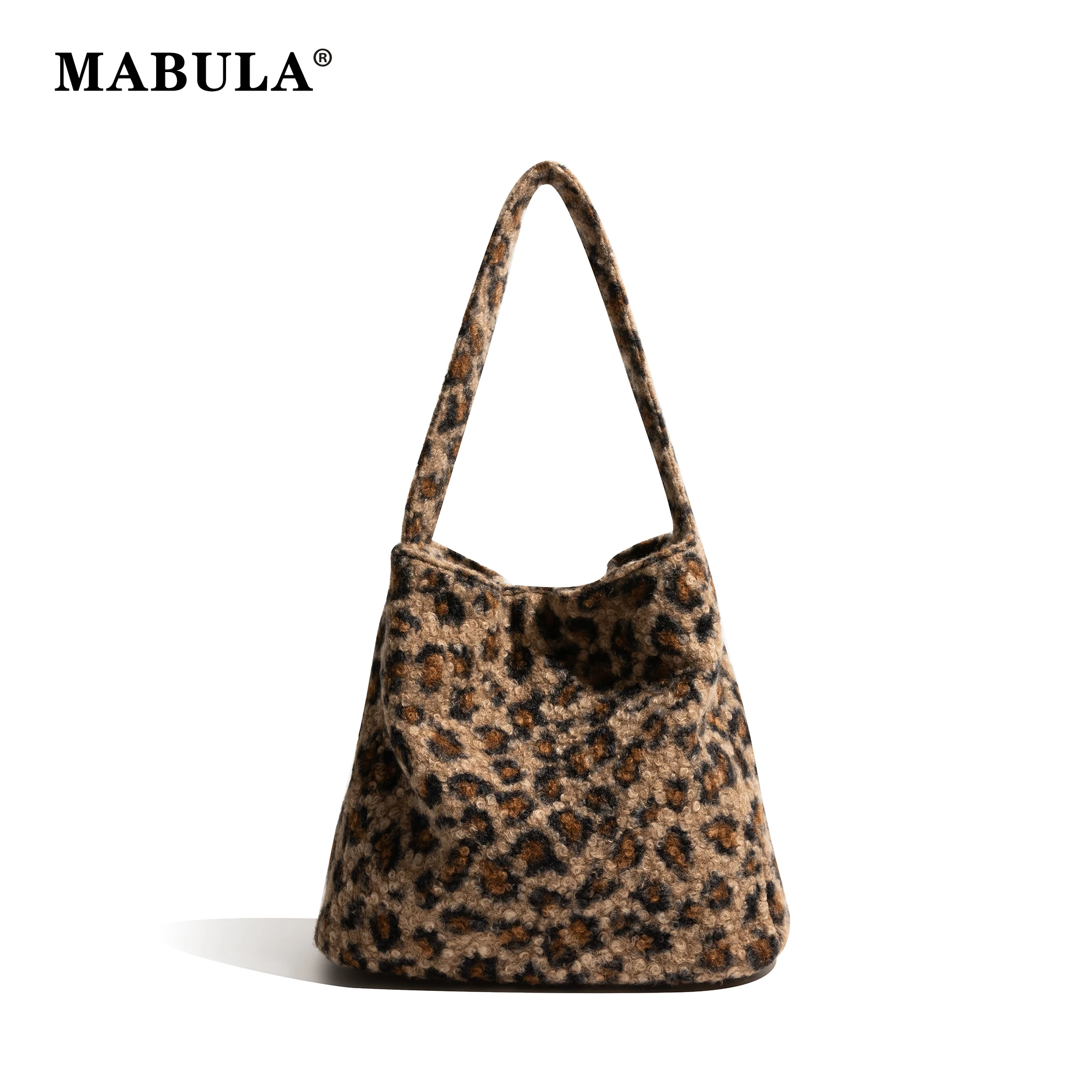 MABULA Women Wool Tote Bag Autumn Winter Large Capacity Leopard Pattern Handbag Single Shoulder Bag Leopard Print Messenger Bags