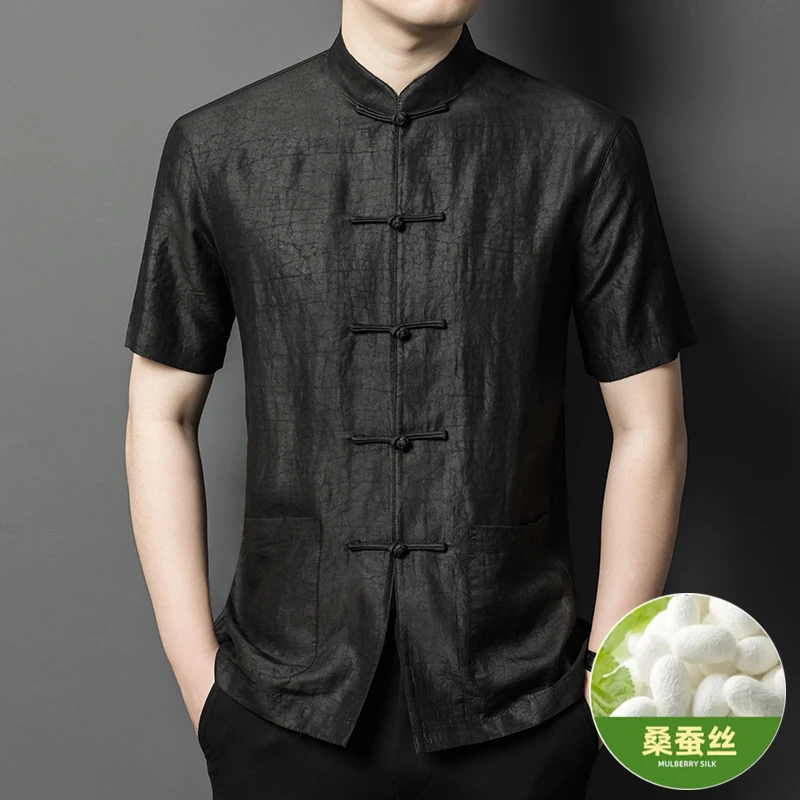 

Mulberry Silk Premium Tang Costume Shirts For Men Short Sleeved Summer Quality Soft Comfortable Pocket Fashion Camisas De Hombre