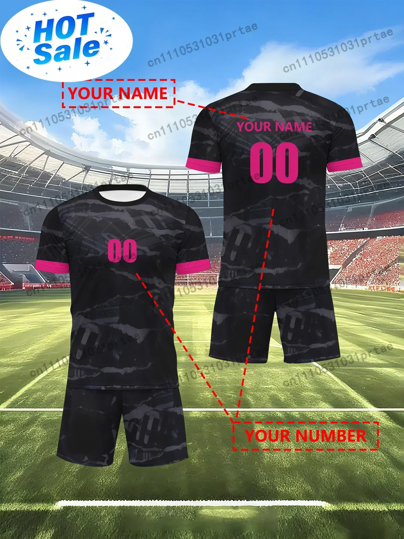 Personalized Soccer Kits Featuring Custom Names And Numbers, Including a Short-Sleeve Top And Shorts in a Two-Piece Set Black