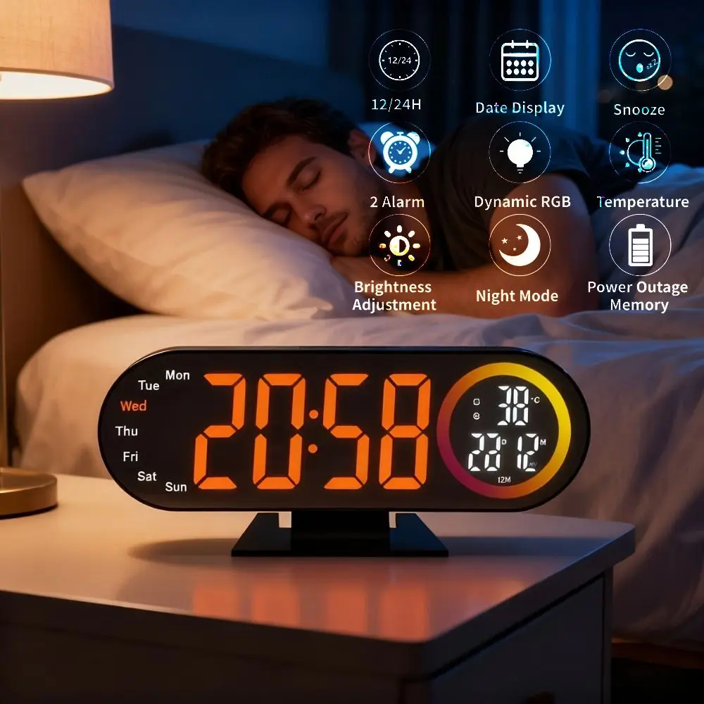 Brightness Adjustment Digital Alarm Clock 12/24H Format Voice Control LED Mirror Clock Date Week Temperature Display