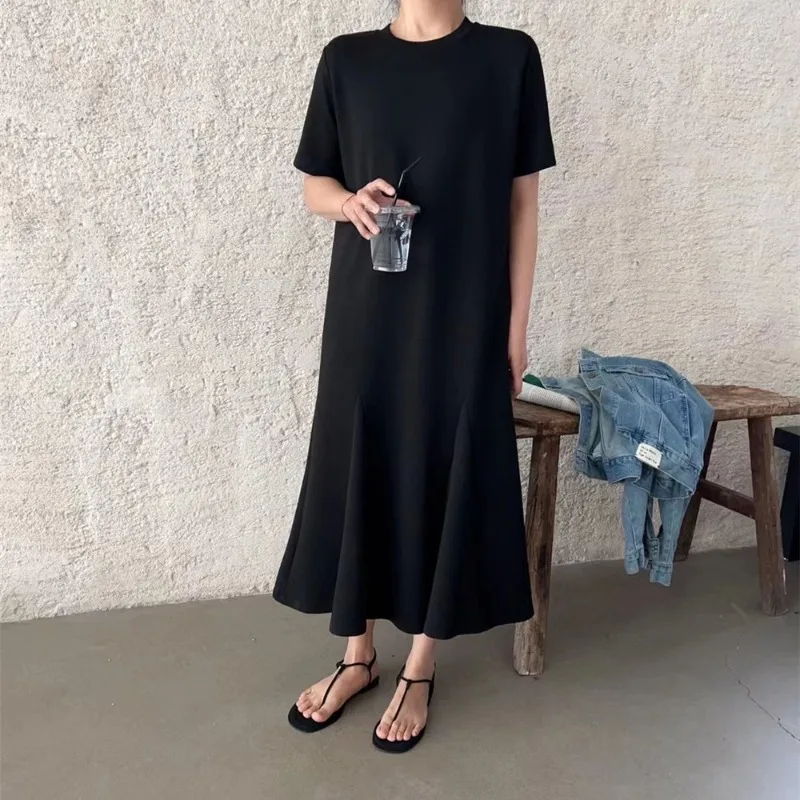 T-shirt ample Dr femmes coréennes Sle sur le genou été nouvelle grande taille décontracté Fi Tail ort Sve Dr jupe trapèze