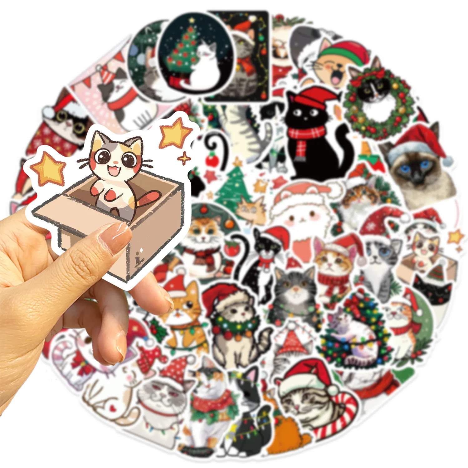 50pcs Christmas Cat Stickers Cute Lovelys Cat for Scrapbooking ,Laptop ,Phone, Credit Card, Diary Decoration Stickers For Kids