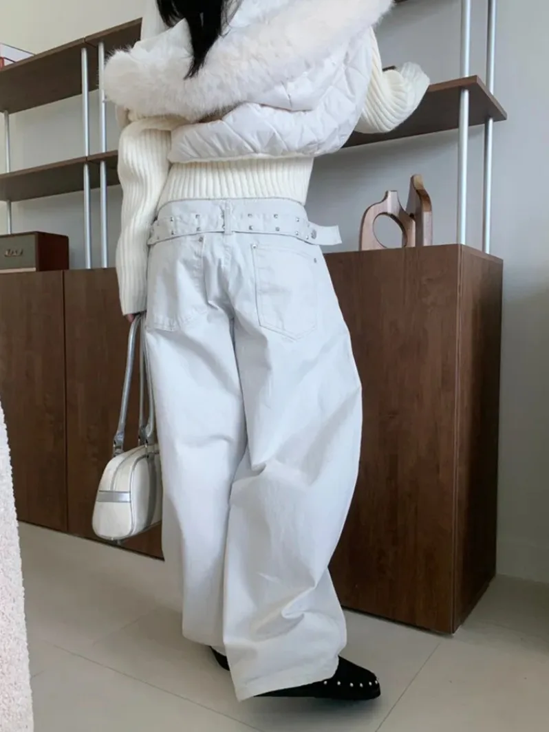 리벳 장식 와이드 레그 청바지 여성용 하이웨이스트 벨트 바 퍼스널리 겨울 신상 슬레 출퇴근 스타일 순수 전자상거래 중국 ...