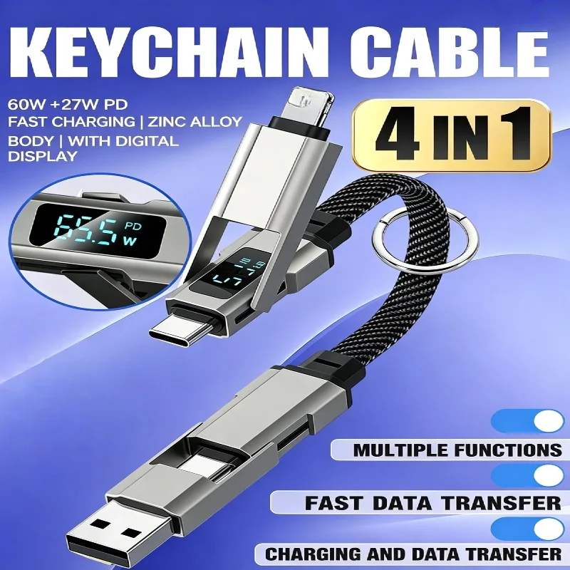 4 in 1 65W Keychain Charging Cable USB C Cable with V/A/W Display Type C for Apple Portable Cord for IPhone/iPad/Samsung/Laptop
