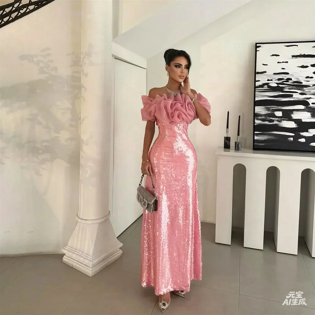 

Hot Pink Prom Dress Ruffled Off Shoulder Celebrity Dress with Full Sequin Women's Evening Dresses Formal Gown Customized