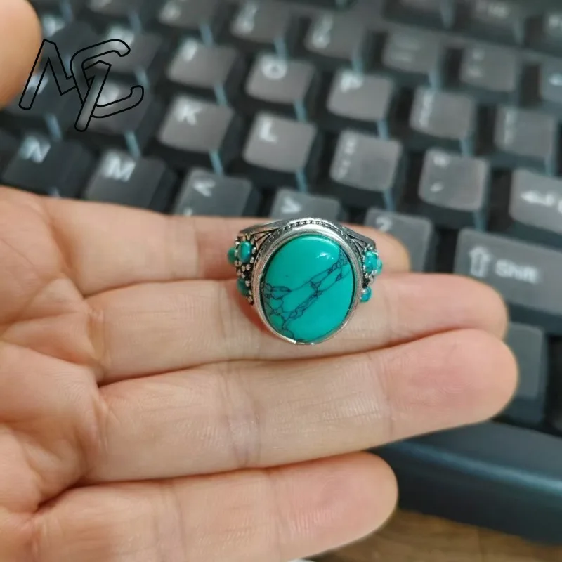 Real Natural Turquoise Stone Ring Adjustable Opening Retro Style Carved Charm Jewelry Fashion Amulet Gifts for Men Women
