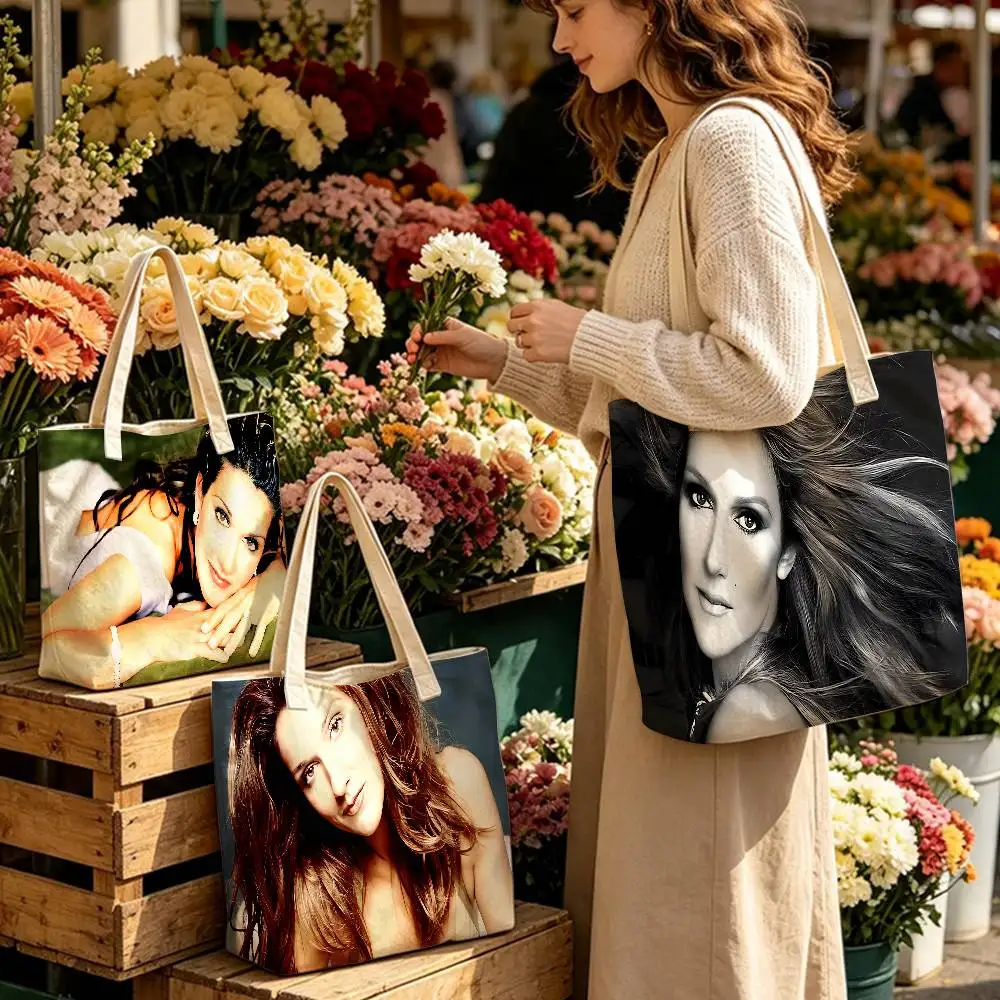 Celine Dion Black And White Women Cotton Polyester Tote Bag Large Capacity Gifts Zipper Closure Shoulder Bag For Daily Shopping