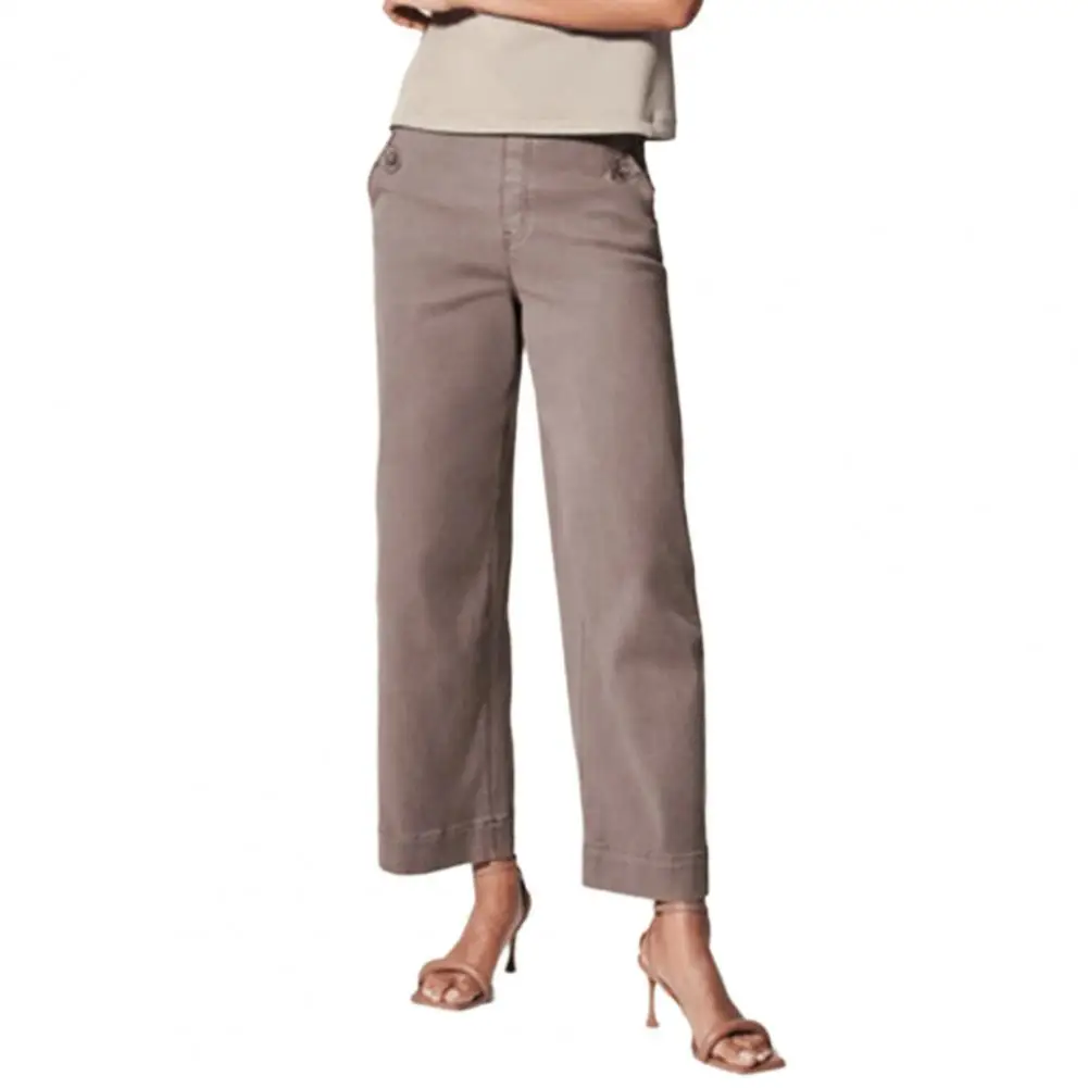 

Women Straight Wide Leg Long Pants Side Pockets High Waist Trousers 가을 여성 의류