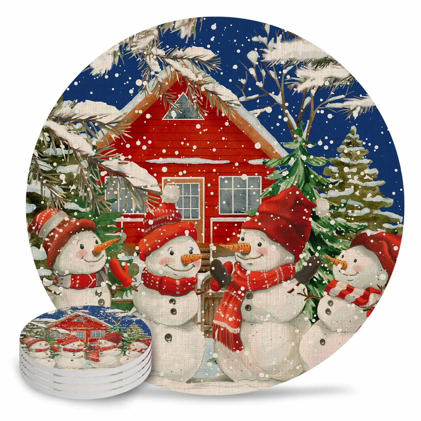 Christmas Christmas Tree Watercolor Snowman Round Coaster Coffee Table Mats Kitchen Accessories Absorbent Ceramic Coasters