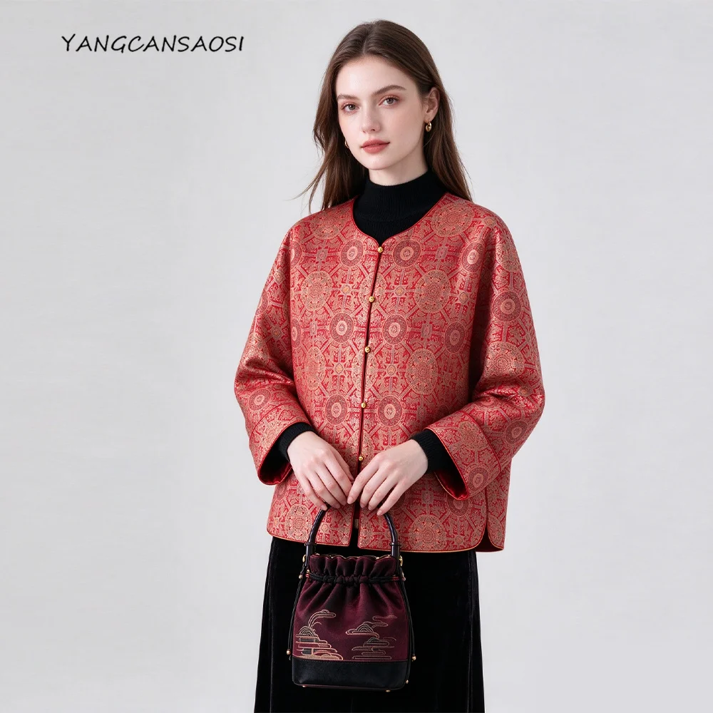 Women's Fashion Autumn Clothing Red Print 100% Natural Mulberry Silk Song Brocade (Excluding Lining) Retro Long Sleeved Jacket