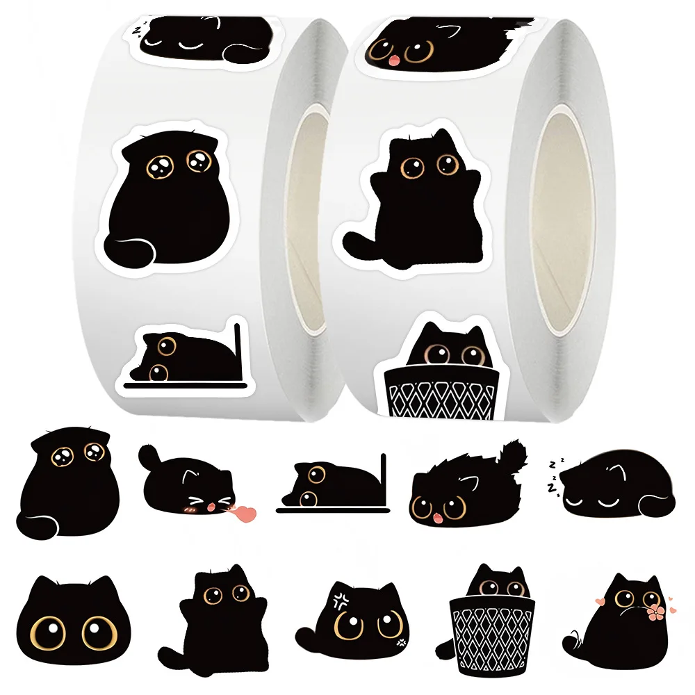500 pçs/rolo bonito gato preto rolo adesivo dos desenhos animados engraçado gatinho graffiti decalque à prova dwaterproof água crianças brinquedo presente para guarda-roupa mesa diário