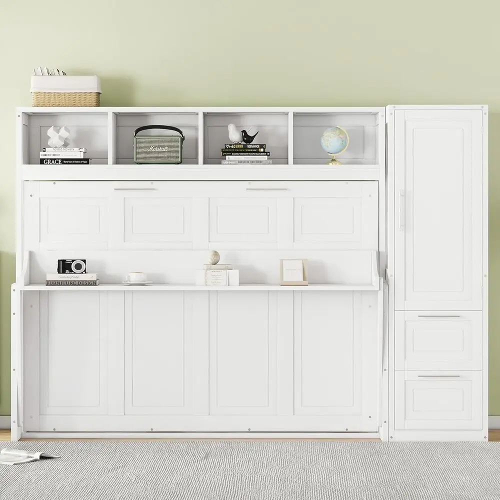 Full Murphy Bed with Wardrobe Closet,2 Drawer,4 Storage Open Shelves,Wood Folding Murphy Wall Bed Cabinet White,Full