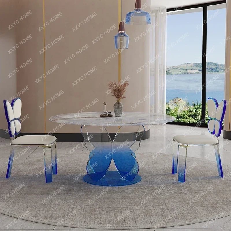 Light luxury simple style acrylic suspended butterfly dining table cream style round dining table and chairs