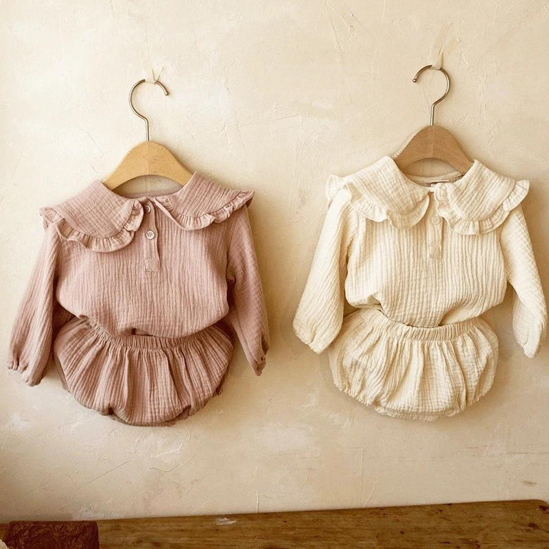 Muslin Baby Girl Clothes Set Big Collar Infant Tops Shorts 2Pcs Toddler Outfit Suit Autumn Kids Clothing Sets for Girls