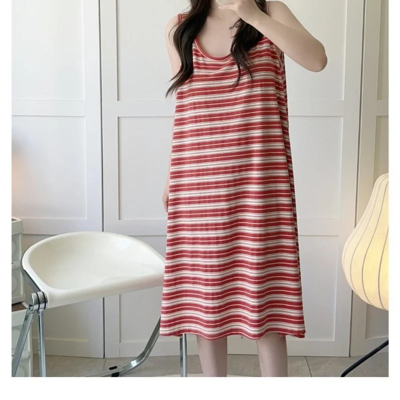 150kg 3XL Plus Size Striped Vest Nightdress Women Summer Sleeveless Loungewear Ins Trend Loose Long Dress Pajamas Homewear