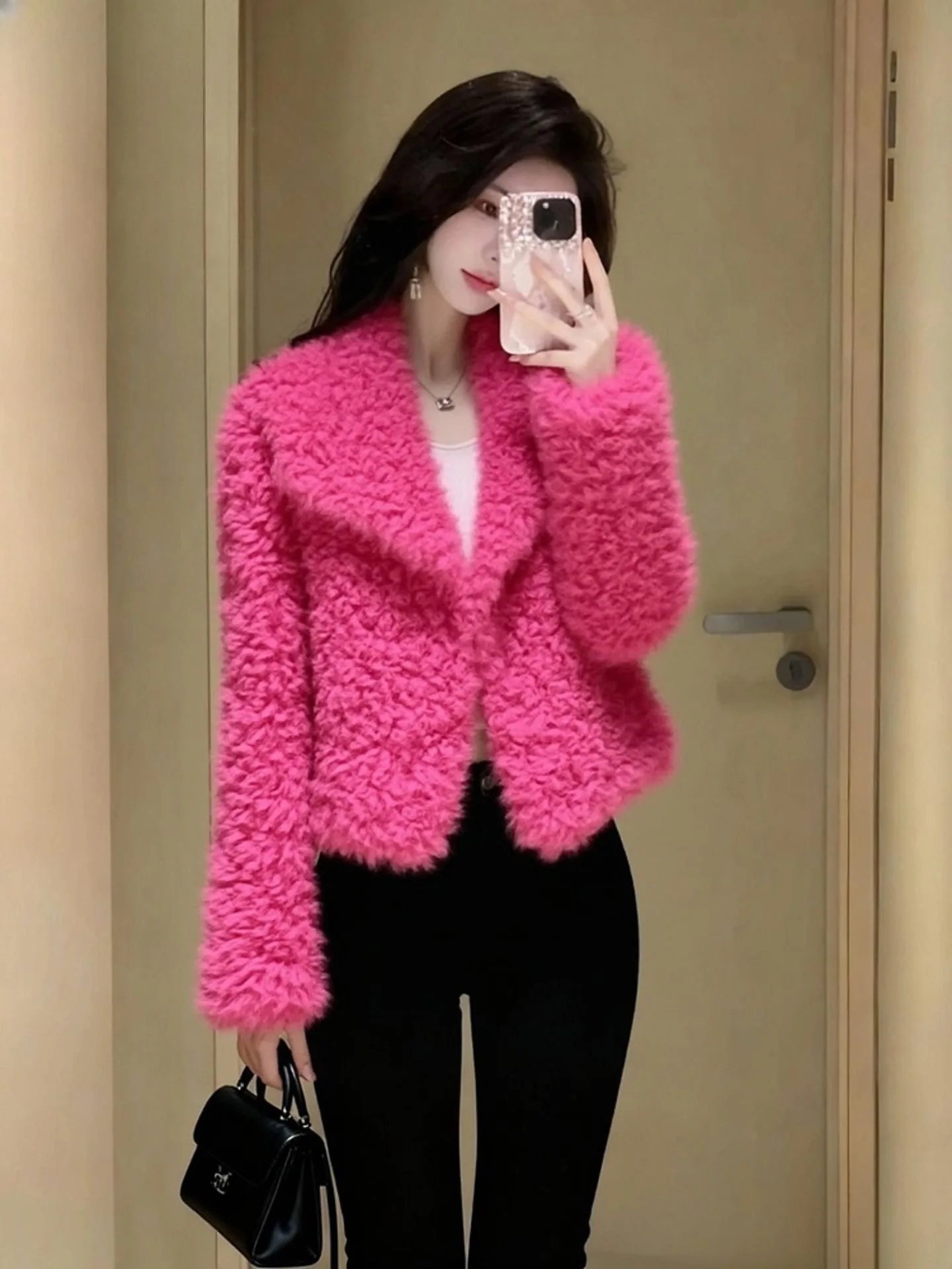 Pink Lamb Fur Jacket Women's Thickened Warm Casual Style Short Coat Korean Fashion Warmth Autumn Winter New Arrival