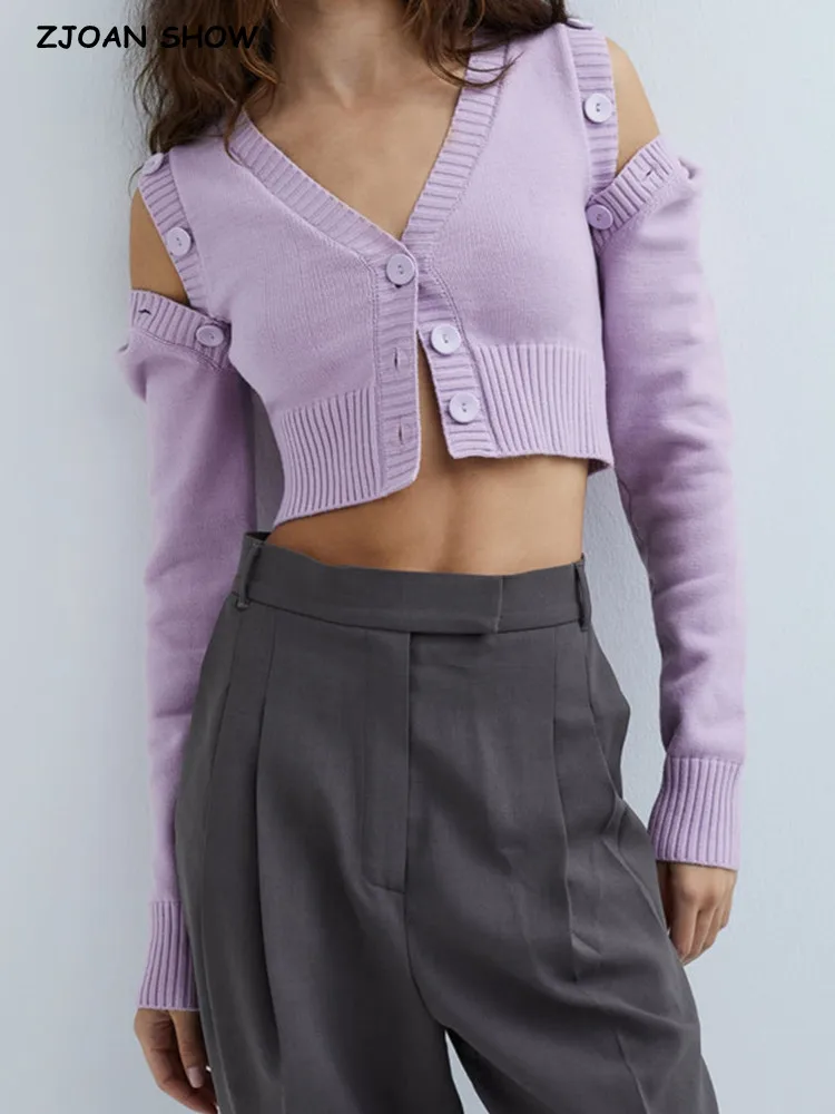 Autumn 2 style Wears Open Buttons Slit Shoulder Crop Cardigan 2022 Women Retro Knitted Sweater Sexy Removable Sleeve Slim Jumper