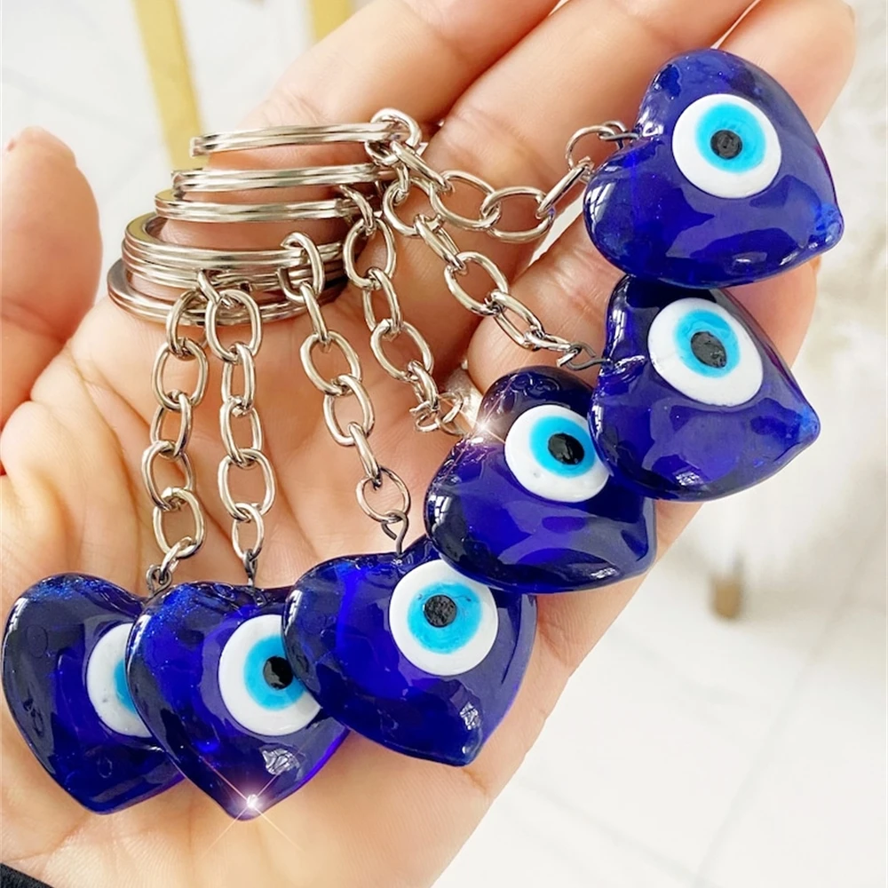 

Evil Eye Hamsa Glass Keychain Car Keyring Blue Turkish Evil Eye Heart Key Chain for Jewelry Pendant Bag Accessories Decor Gift