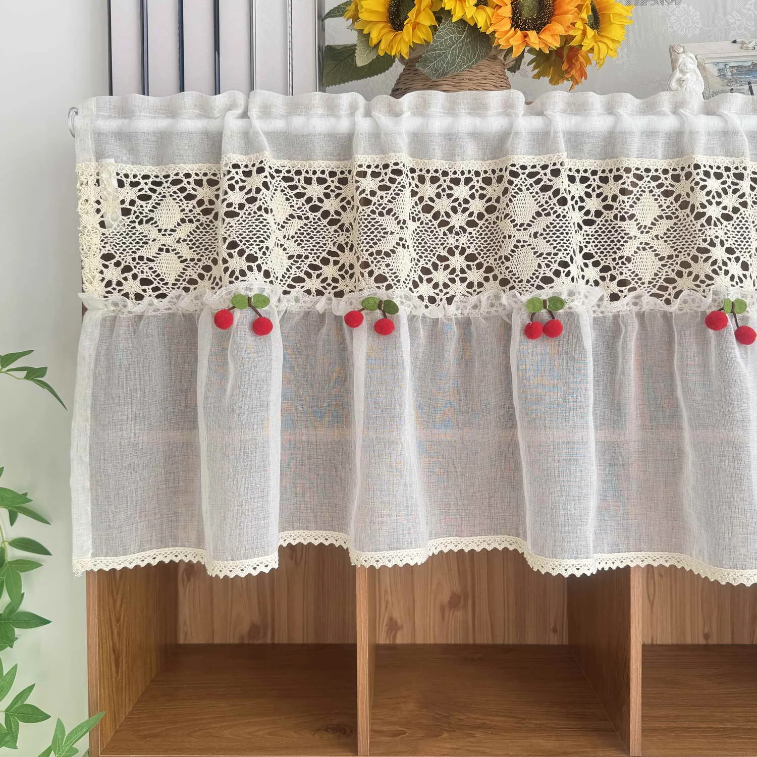 

Rural Linen Crochet Hollow Short Curtains,With Cute Red Cherry Curtains For Kitchens,Doors,Small windows,Home Drapes-Rod Pocket