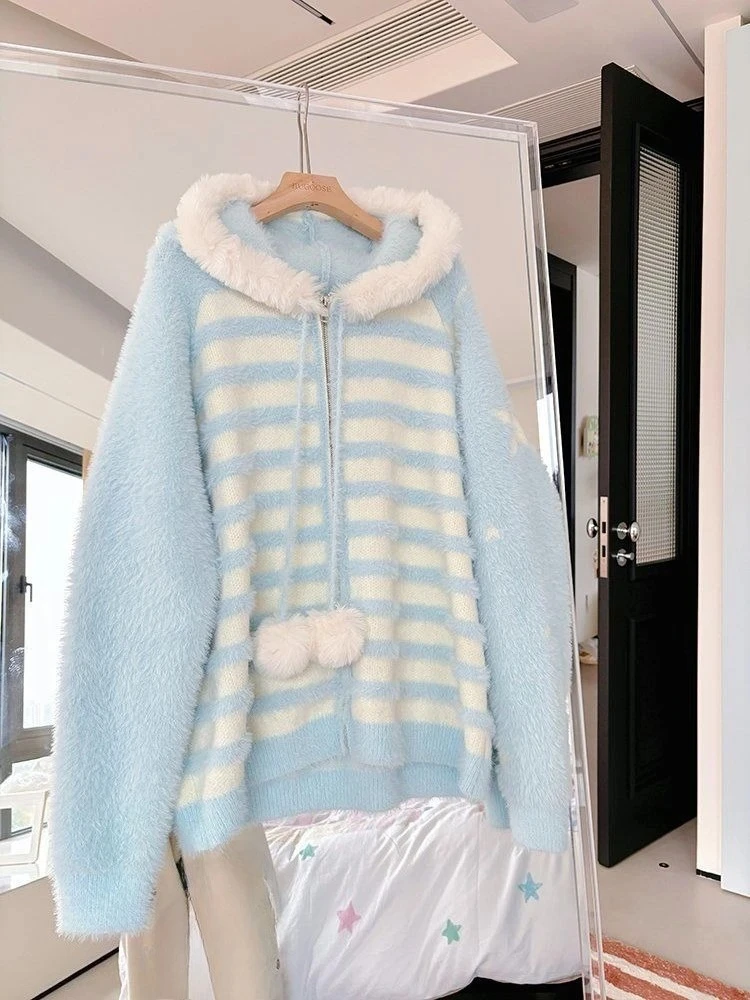 

Fluffy Stripe Women Drawstring Hooded Tops Y2k Aesthetic Casual Loose Zippers Grunge Jackets Contrast Color Grunge Harajuku Coat