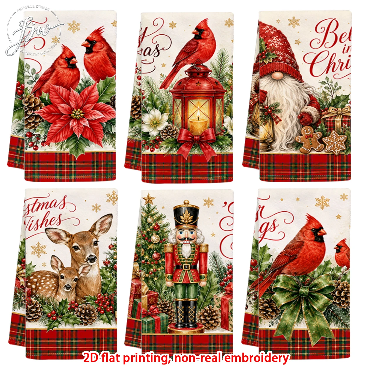 6pcs Christmas Kitchen Towels Dish Towels with Cardinal Gnome Nutcracker Deer Holiday Decorative Tea Towels Winter Home Kitchen
