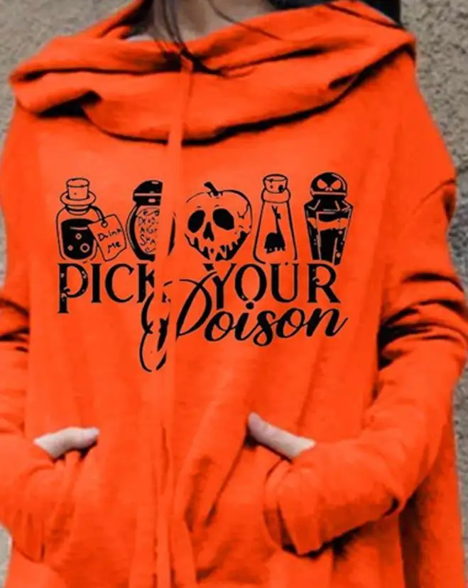 Halloween Pattern Long Sleeve Hoodie 2023 New Hot Selling Fashion Women's Irregular Pocket Long Style