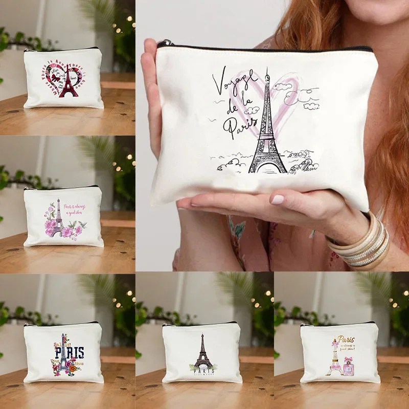 

Paris Eiffel Tower Printing Makeup Bag Travel Neceser Toiletry Organizer Pouch Female Canvas Zipper Cosmetic Bags Best Gift Bag