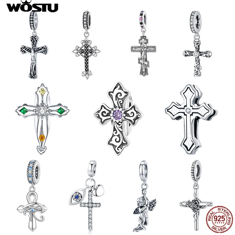 WOSTU 925 Sterling Silver Retro Jesus&Cross Bead Dangle Zircons Pendants Fit Original Bracelet Charms Gift DIY Jewelry Making