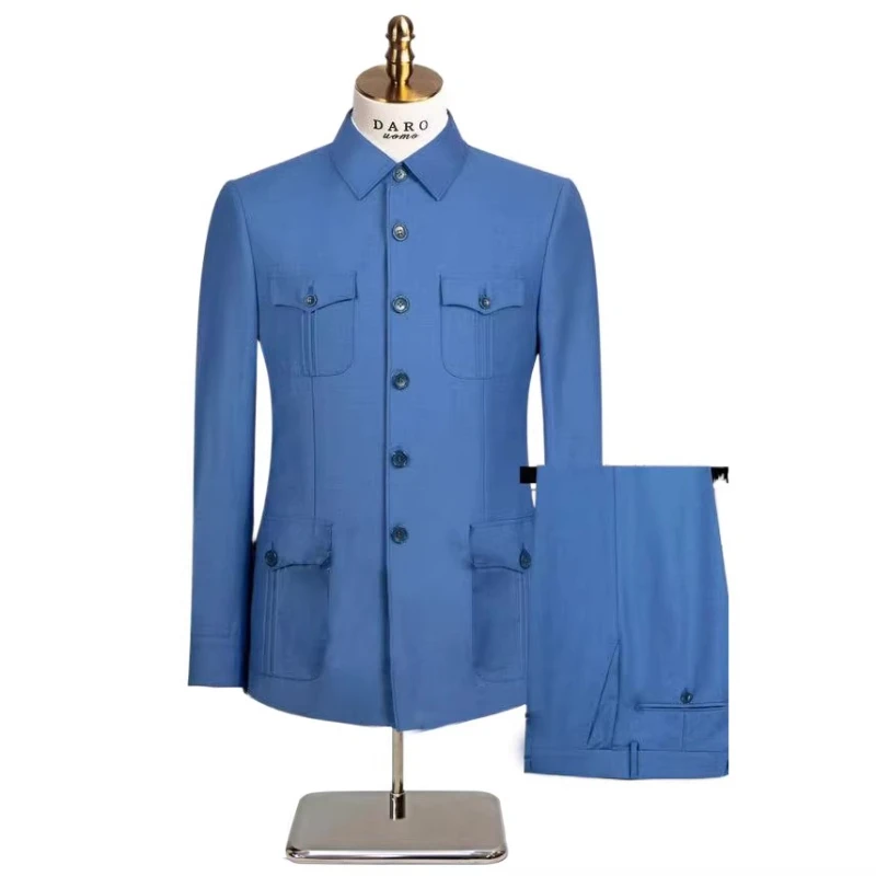 بدلة تشونغشان الجديدة عالية الجودة باللون الأخضر العسكري لعام 2025 للرجال مكونة من قطعتين، بدلة تونيك صينية للرجال متعددة الجيوب باللون الكحلي/الكاكي، مقاس كبير