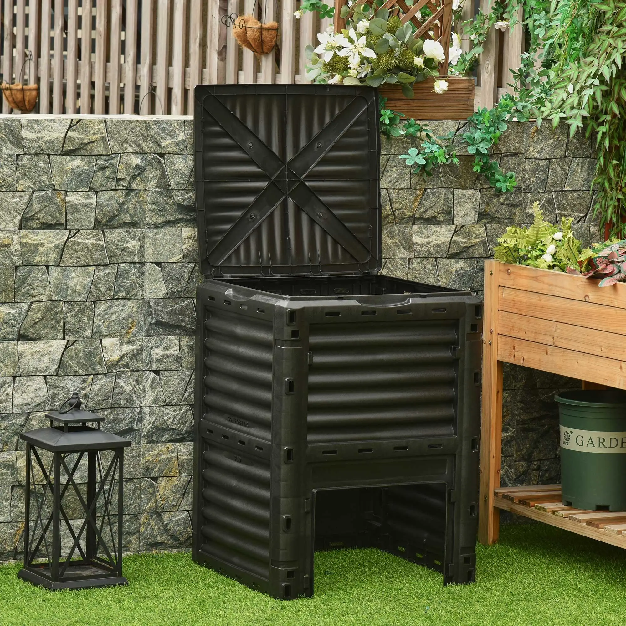 Contenedor de Compostaje de 300L Negro de PP con 48 Ventilaciones y Válvula de Descarga, 60.5X60.5X81.5 cm para Jardín