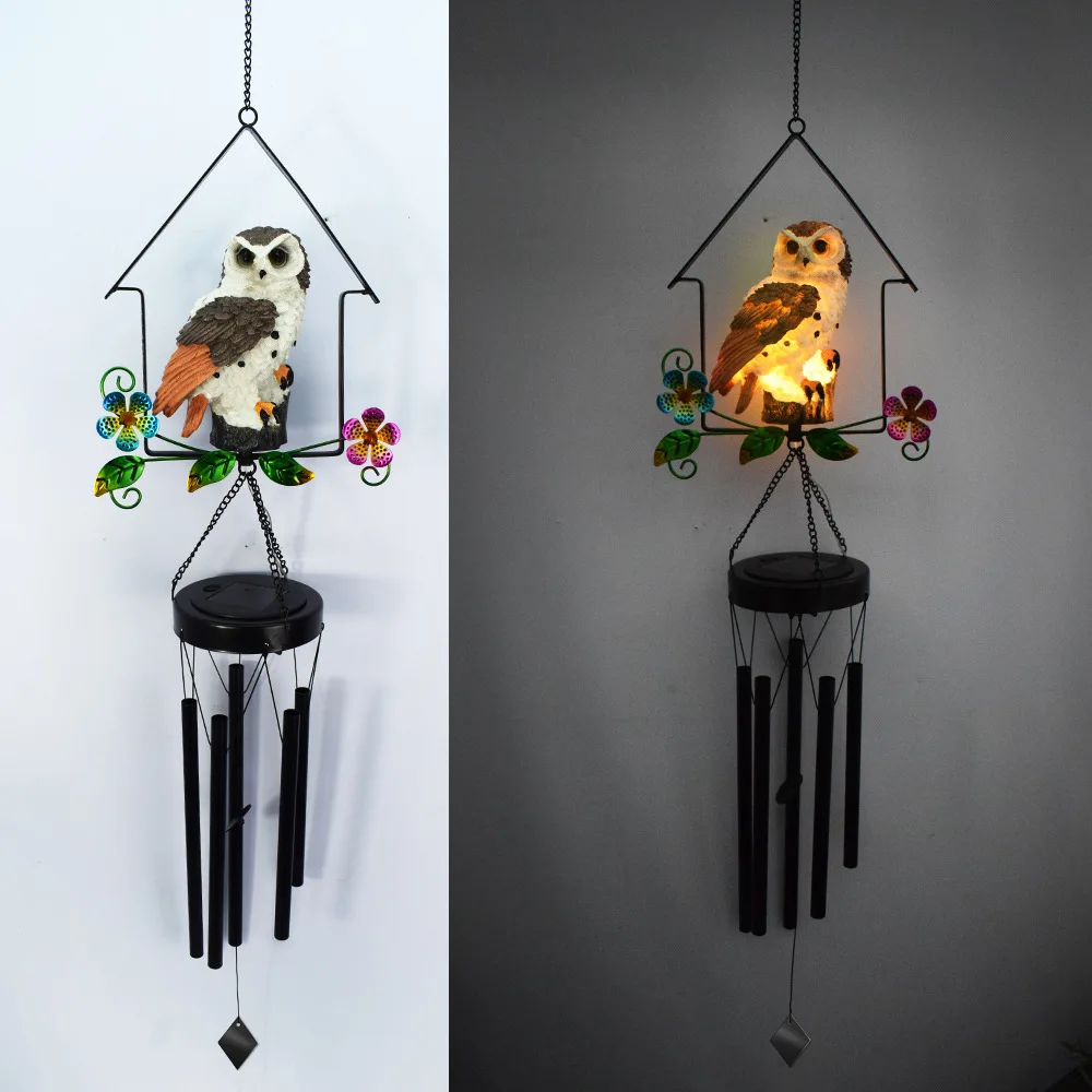 Cross-border new arrival solar courtyard lawn lamp iron house wind chime owl squirrel decorative lamp