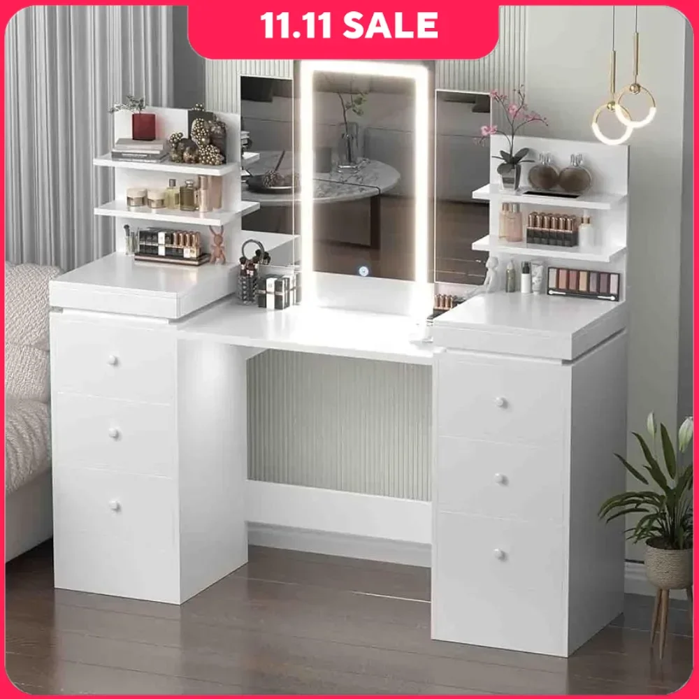 57.1inch Vanity Desk Set,Lighted Mirror & Tri-Folding Mirror & 8 Drawers & Open Storage Shelves,Bedroom Dressing Table.