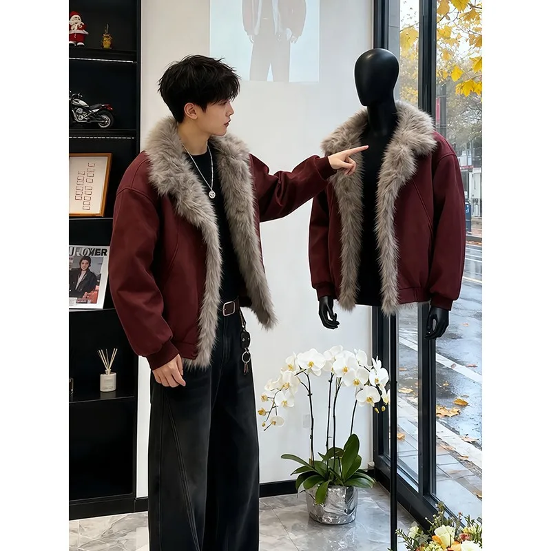 

Куртка мужская утепленная из замши цвета красного вина с подкладкой из норкового бархата, молодежная повседневная модная зимняя верхняя одежда