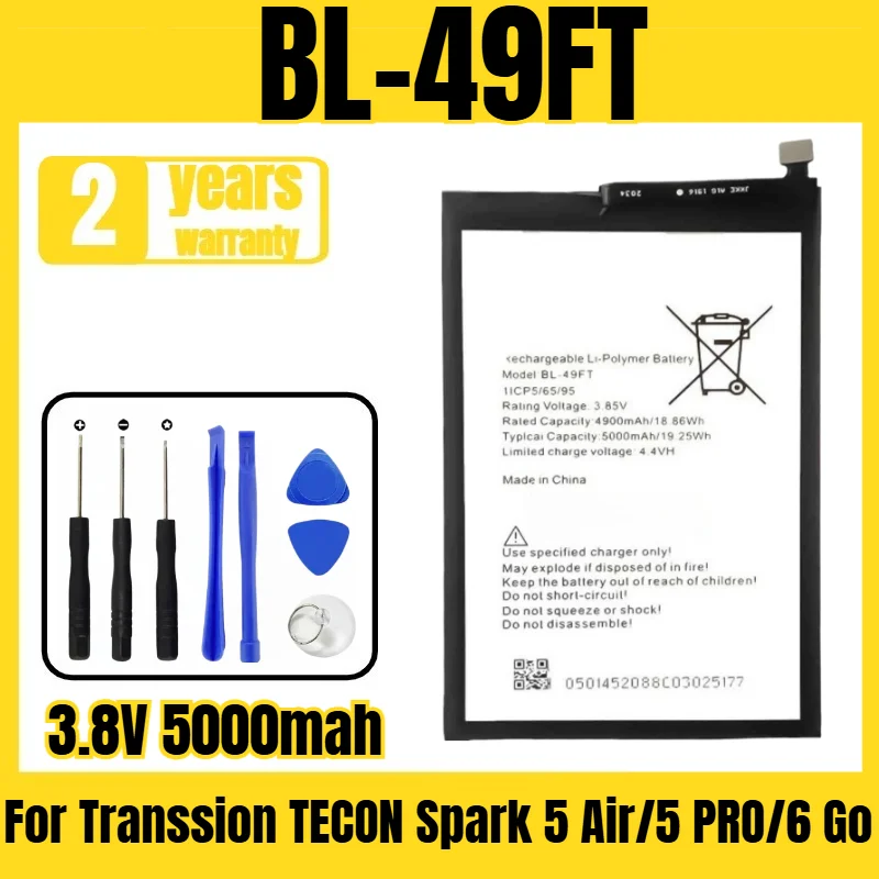 Suitable for Transsion TECON Spark 5 Air/5 PRO/6 Go/Camon 15/GO 2020/battery BL-49FT mobile phone battery,free tool 3.8V 5000mah
