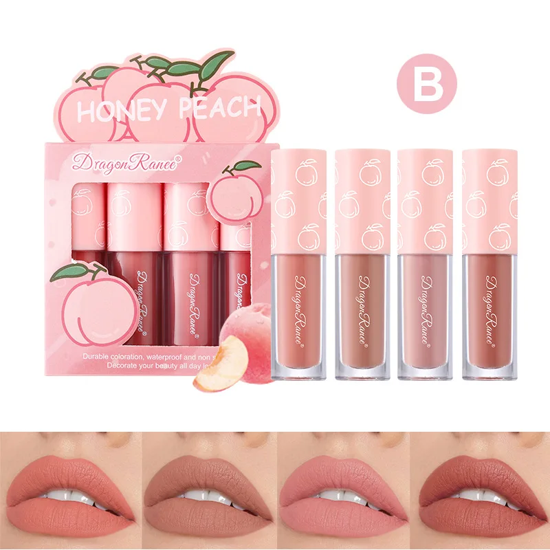 Velvet Matte Lip Glaze Set Non-Fade Non-Sticky Cup Fruit Makeup Lip Gloss Four Mini Sets