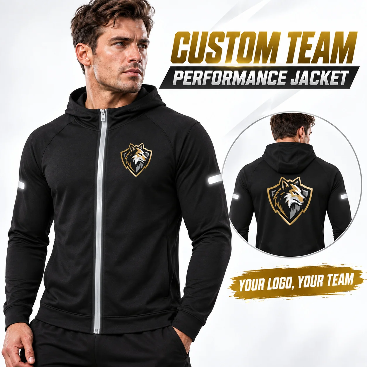 Custom Men's Hooded Sports Jacket Full Zip Lightweight Reflective Stretch Outdoor Training Running Fitness Brand Apparel for Men