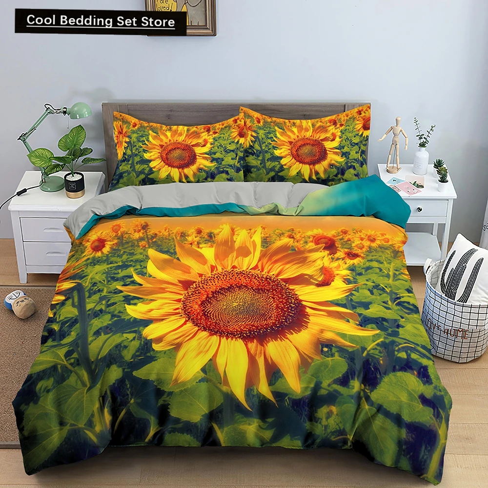 

3D Sunflower King Queen Duvet Cover Yellow Flowers Bedding Set Floral Green Leaves Comforter Cover 2/3pcs Polyester Quilt Cover