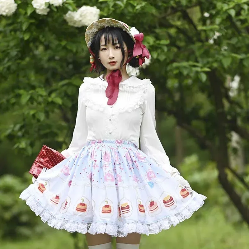 

Ainclu Original Japanese Loli Soft Sister Blue Sweet Cake Print Lace Pleated Short Lolita Skirt if;3