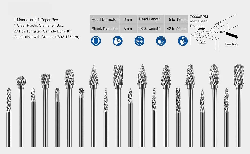 20-teiliges Hartmetall-Frässtift-Set mit 1/8"-Schaft, kompatibel mit Dremel Metall- und Steinschleifwerkzeugen, Zubehör-Set für rotierende Werkzeuge – Detail 2