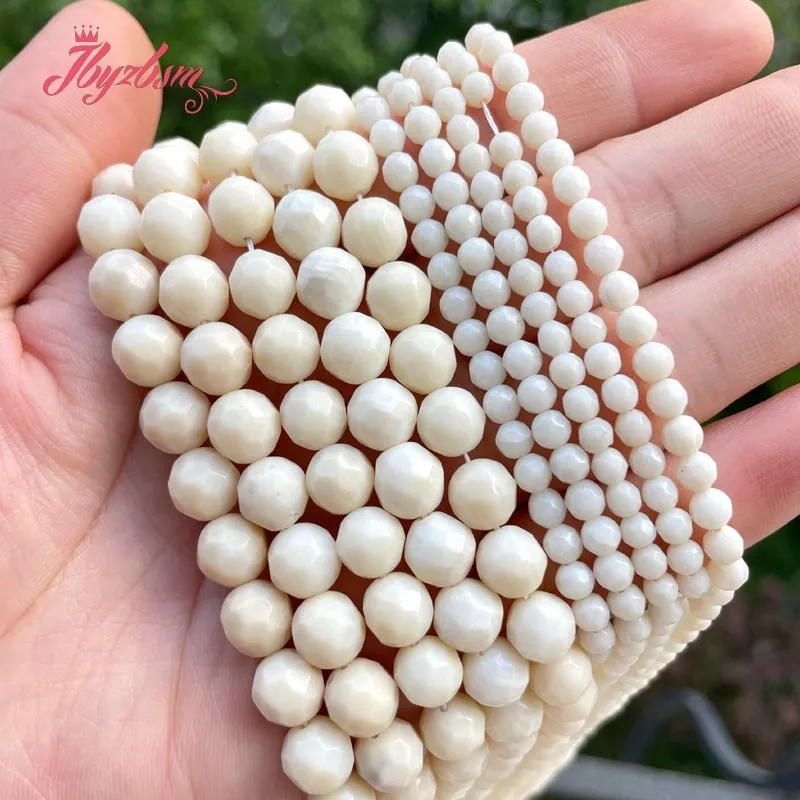 Free Shipping Natural White Coral Faceted Round Stone Beads Loose For DIY Necklace Bracelets Jewelry Making Strand 15\