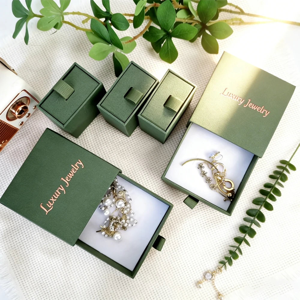 

Подарочные коробки для ювелирных изделий с логотипом на заказ: для колец, ожерелий, серег, из текстурированного картона, 6x6x3.5см, зеленые