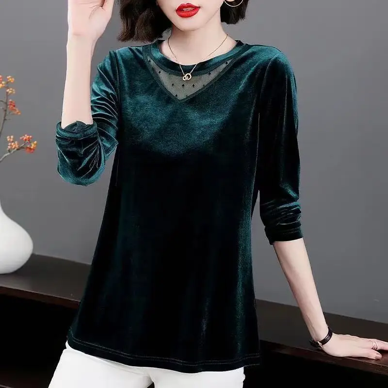 Autumn Winter Mesh Spliced Vintage Round Neck Tops Women\'s Clothing Fashion All-match Female Solid Color Long Sleeve Pullovers