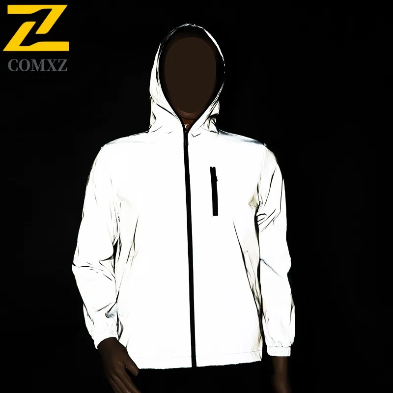 

EIAO Men's Reflective Hooded Windbreaker Waterproof Zip-Up Outdoor Coat for Hiking Camping Fishing Trendy Streetwear Jackets