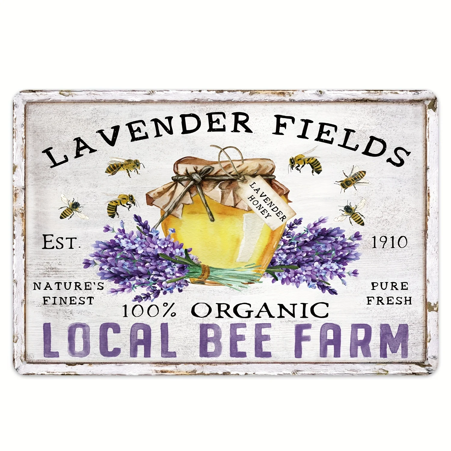 Vintage Metal Painting Art Card, Bee And Lavender Farm Card, Farmhouse Honey Bee Wall Art Decoration Card, Rural Farmhouse